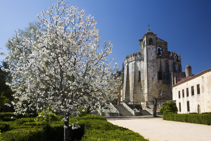 Almond blossom in front of the Convent of Christ, originally a Templar stronghold built in the 12th century