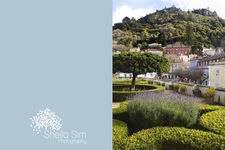 The garden of the national palace at Sintra, near Lisbon, looking up towards the Moorish castle