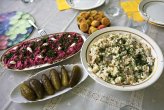 Pickled gherkins, beetroot salad, pickled tomatoes and salad Oliver - lunch at the dacha