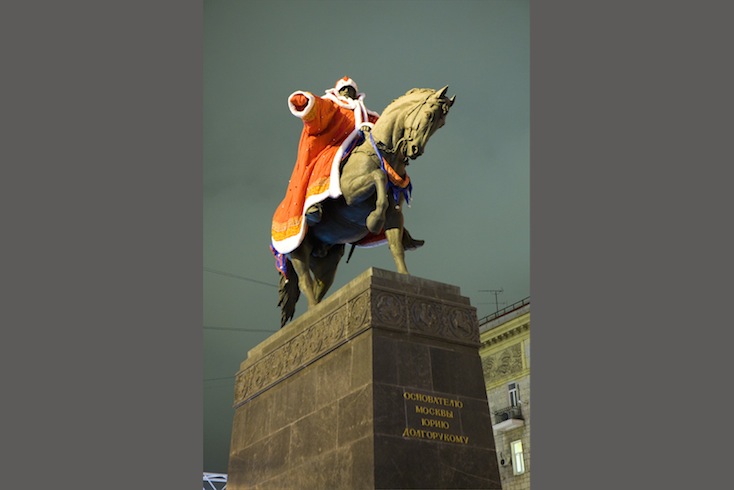 Statue of Yury Dolgoruky in Christmas apparel Statue of Yury Dolgoruky in Christmas apparel